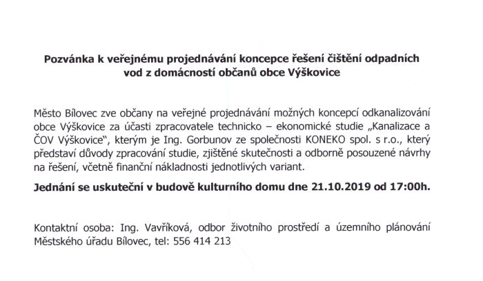 Veřejné projednání koncepce čištní odpadních vod z domácností občanů obce Výškovice - 21. 10. 2019